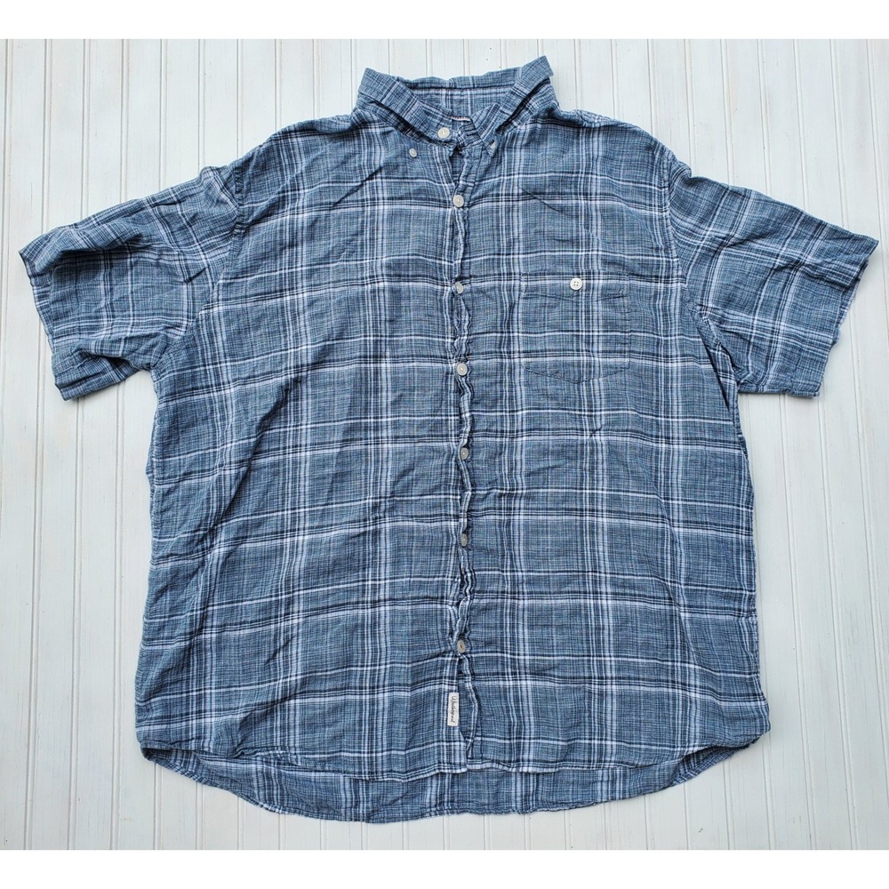 Weatherproof Mens 2XL Blue Plaid Linen Cotton Short Sleeve Button Down Shirt